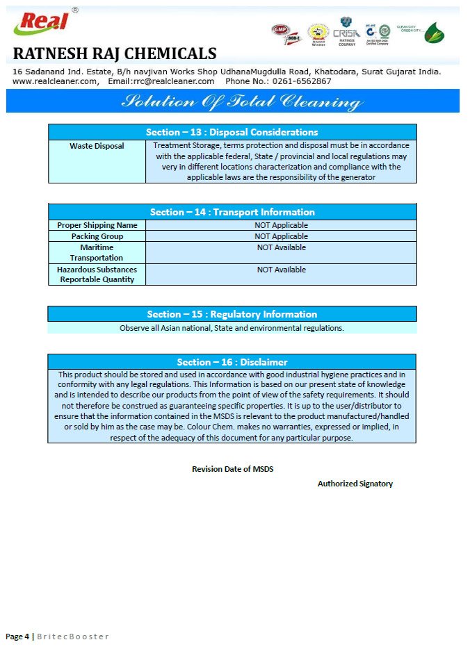 Britec Booster MSDS Report