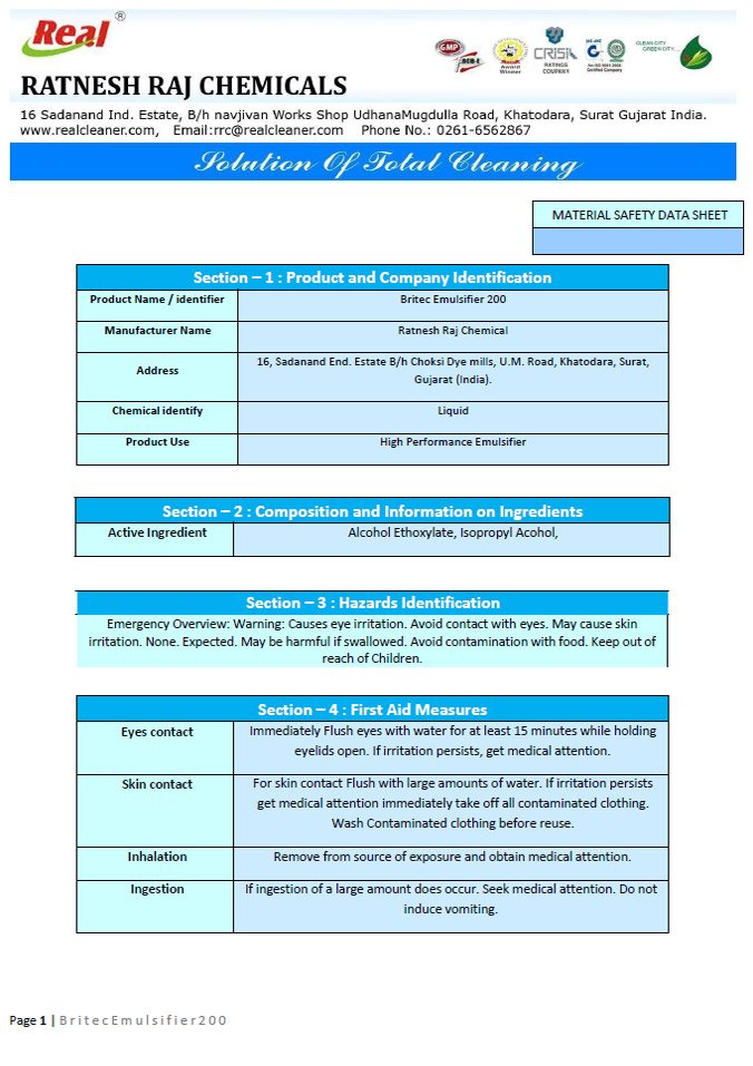 Britec Emulsifier MSDS Report