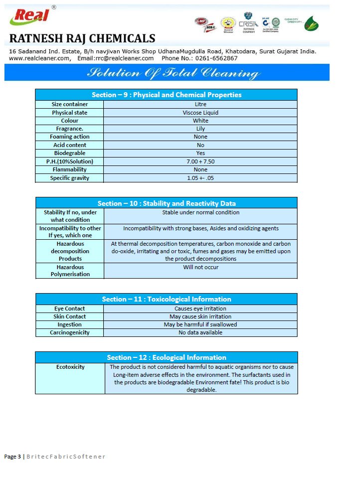 Britec Fabric Softner MSDS Report