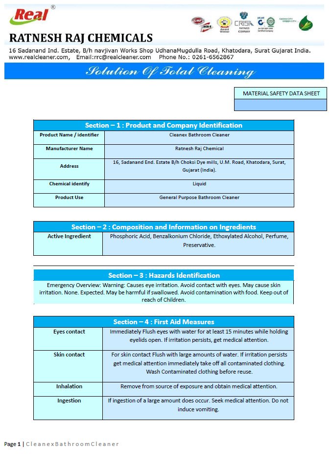 Cleanex Bathroom Cleaner MSDS Report