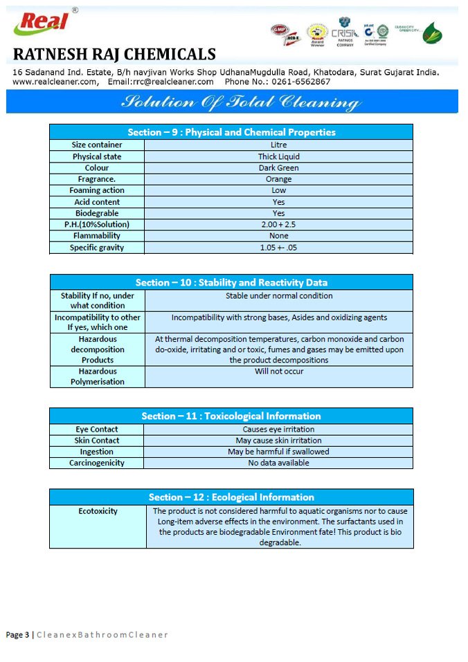 Cleanex Bathroom Cleaner MSDS Report