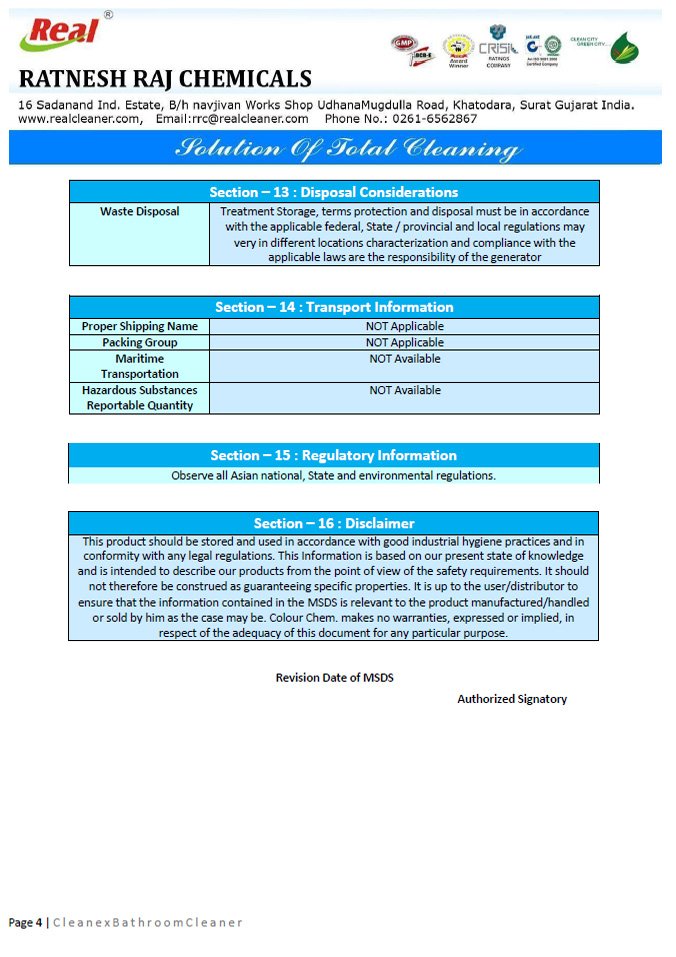 Cleanex Bathroom Cleaner MSDS Report