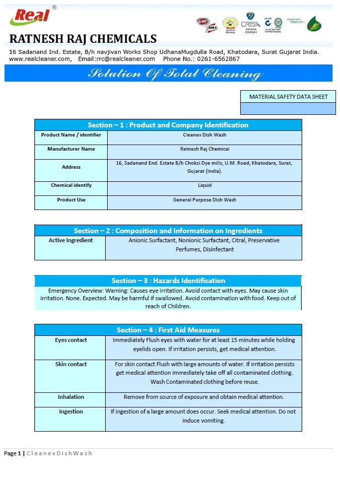 Cleanex Dish Wash MSDS Report