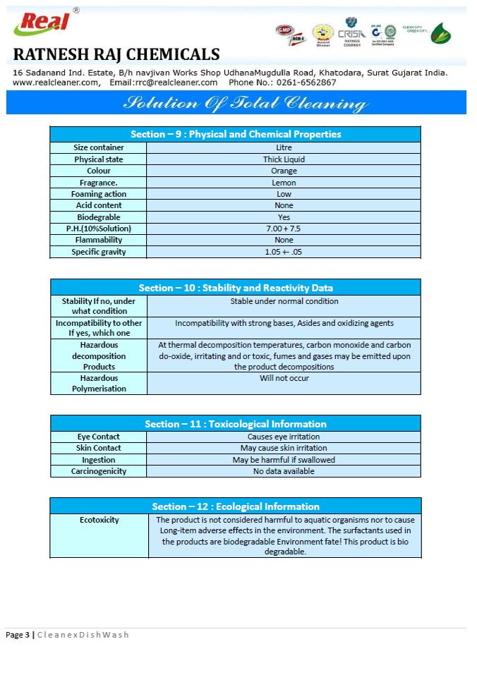 Cleanex Dish Wash MSDS Report