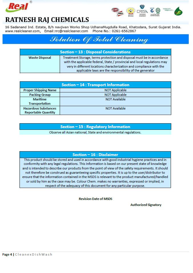 Cleanex Dish Wash MSDS Report