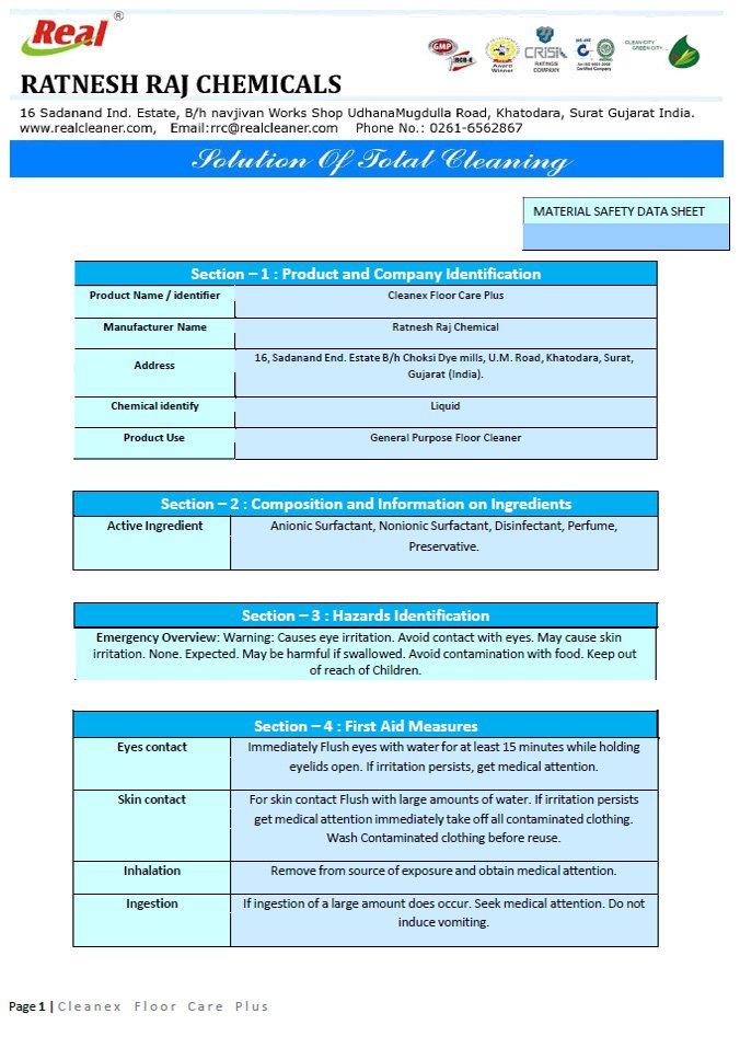 Cleanex Floor Care Plus MSDS Report