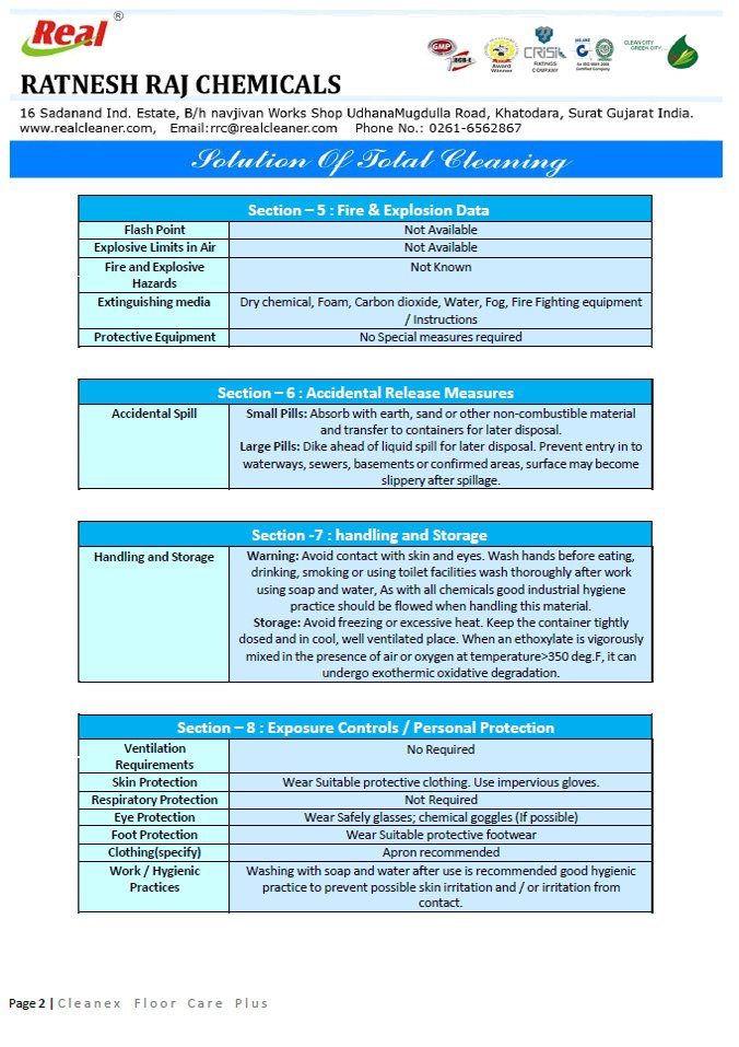 Cleanex Floor Care Plus MSDS Report