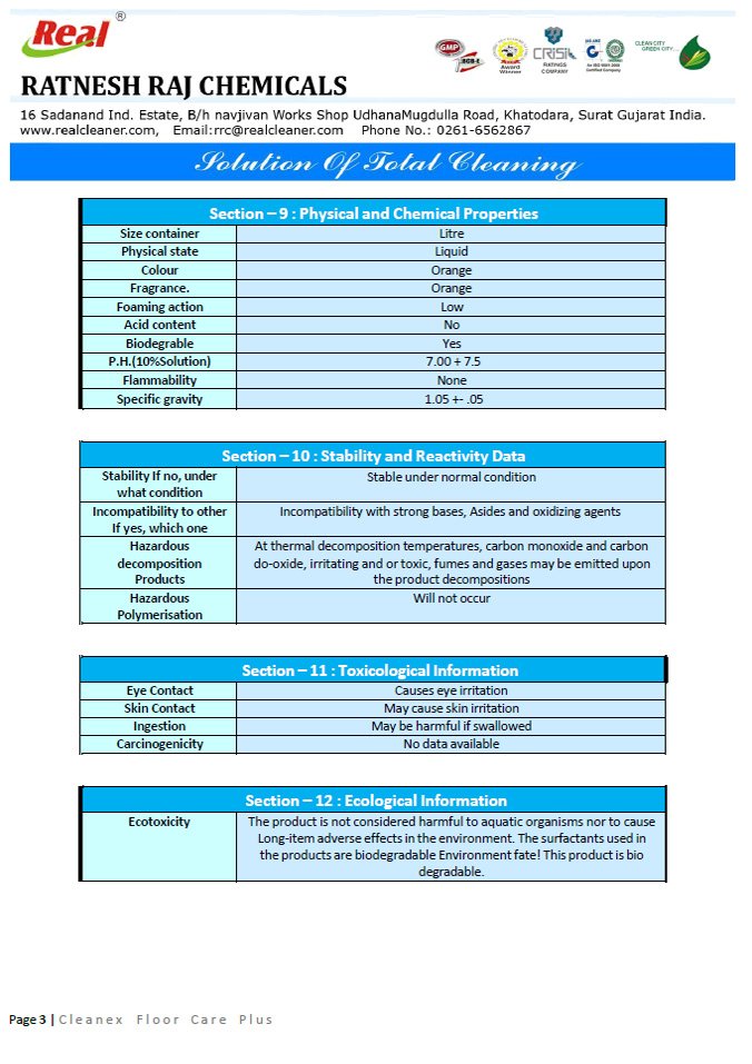 Cleanex Floor Care Plus MSDS Report