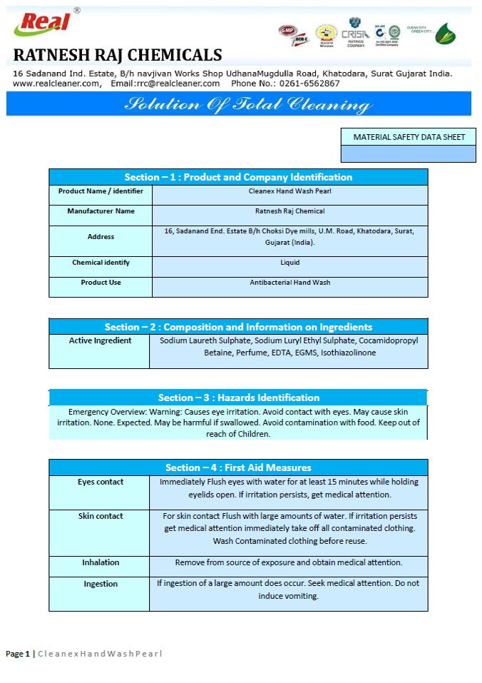 Cleanex Hand Wash Pearl MSDS Report