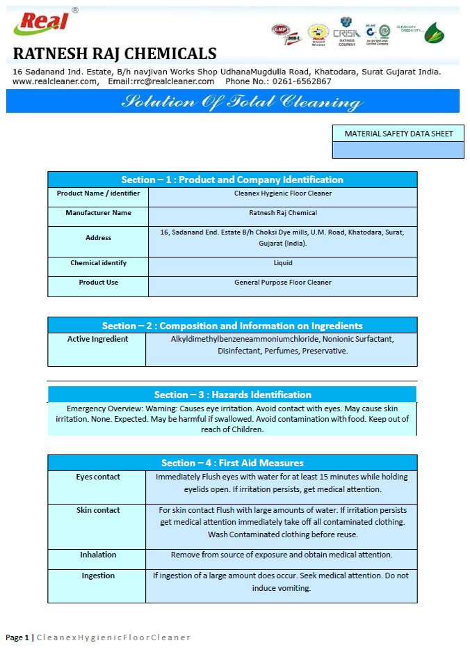 Cleanex Hygenic Floor Cleaner MSDS Report