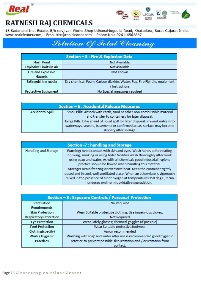 Cleanex Hygenic Floor Cleaner MSDS Report