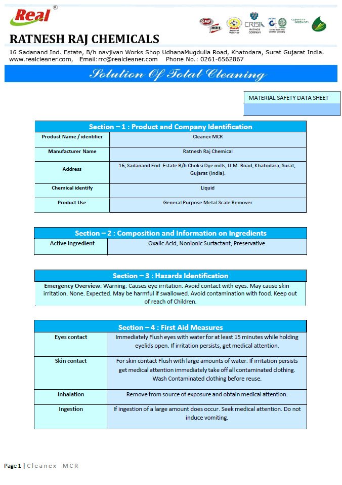 Cleanex MCR MSDS Report