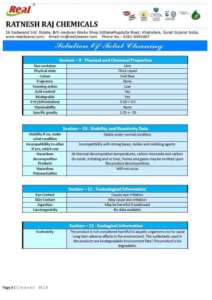 Cleanex MCR MSDS Report