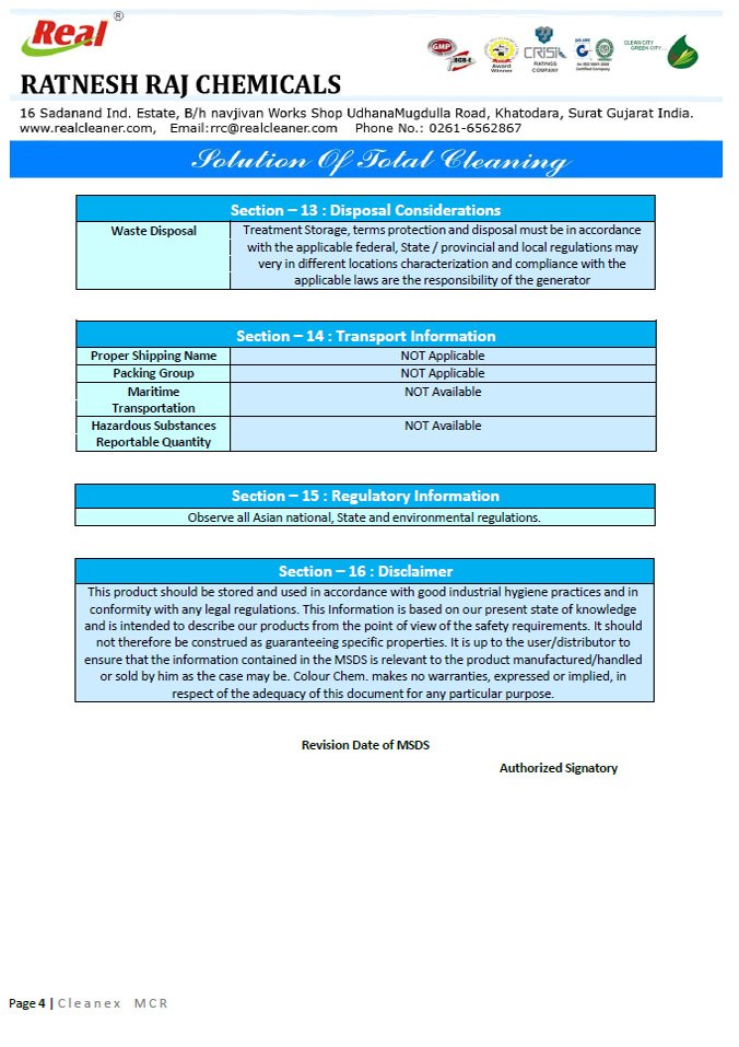 Cleanex MCR MSDS Report