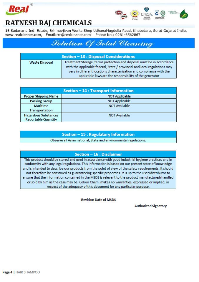 Hair Shampoo MSDS Report
